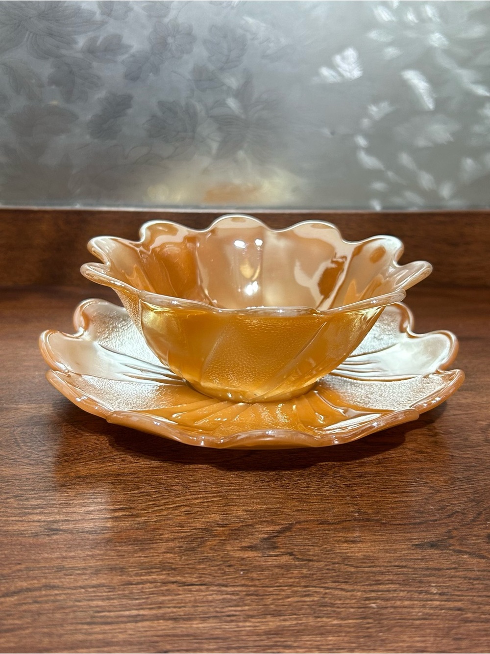 Vintage Peach Lustre Lotus Glass Bowl & Plate set - Fire King / Anchor Hocking